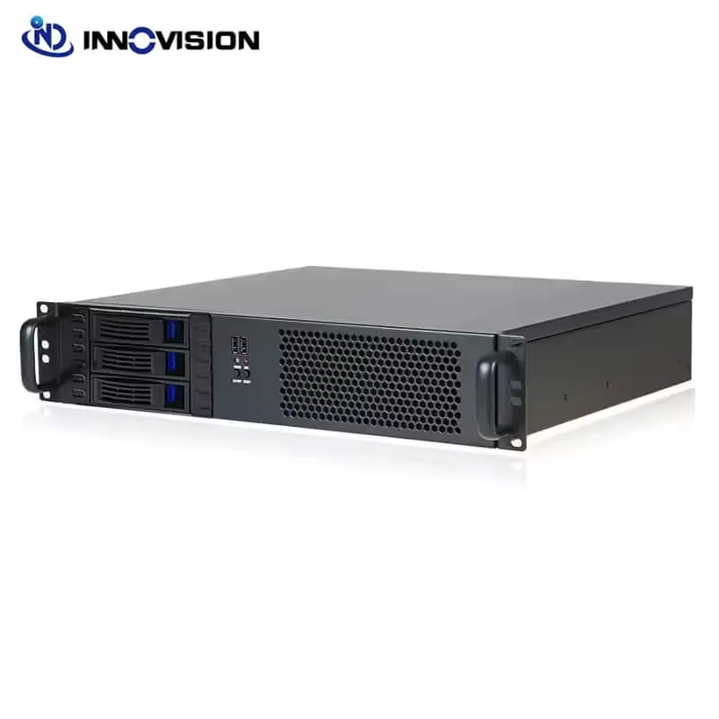 Black 2U rackmount server chassis at a three-quarter angle, with three hot-swap drive bays and blue latches at the left of the front panel, a perforated ventilation panel across the center, and rack-mounting ears with handles at each side